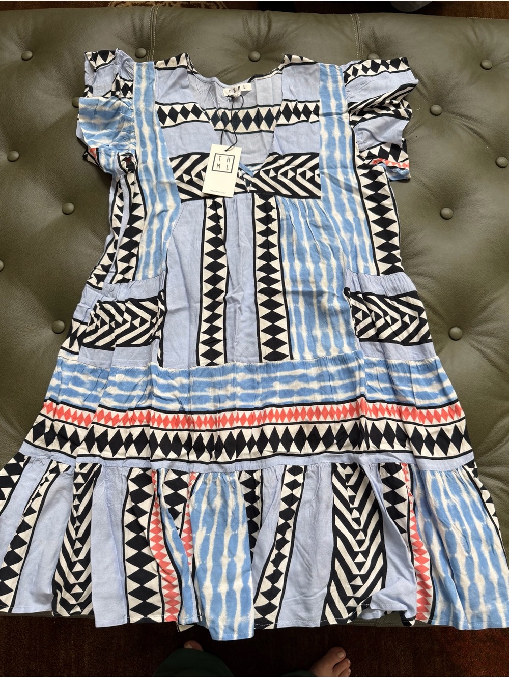 THML Light Blue Geometric & Coral Accent Casual ladies Dress